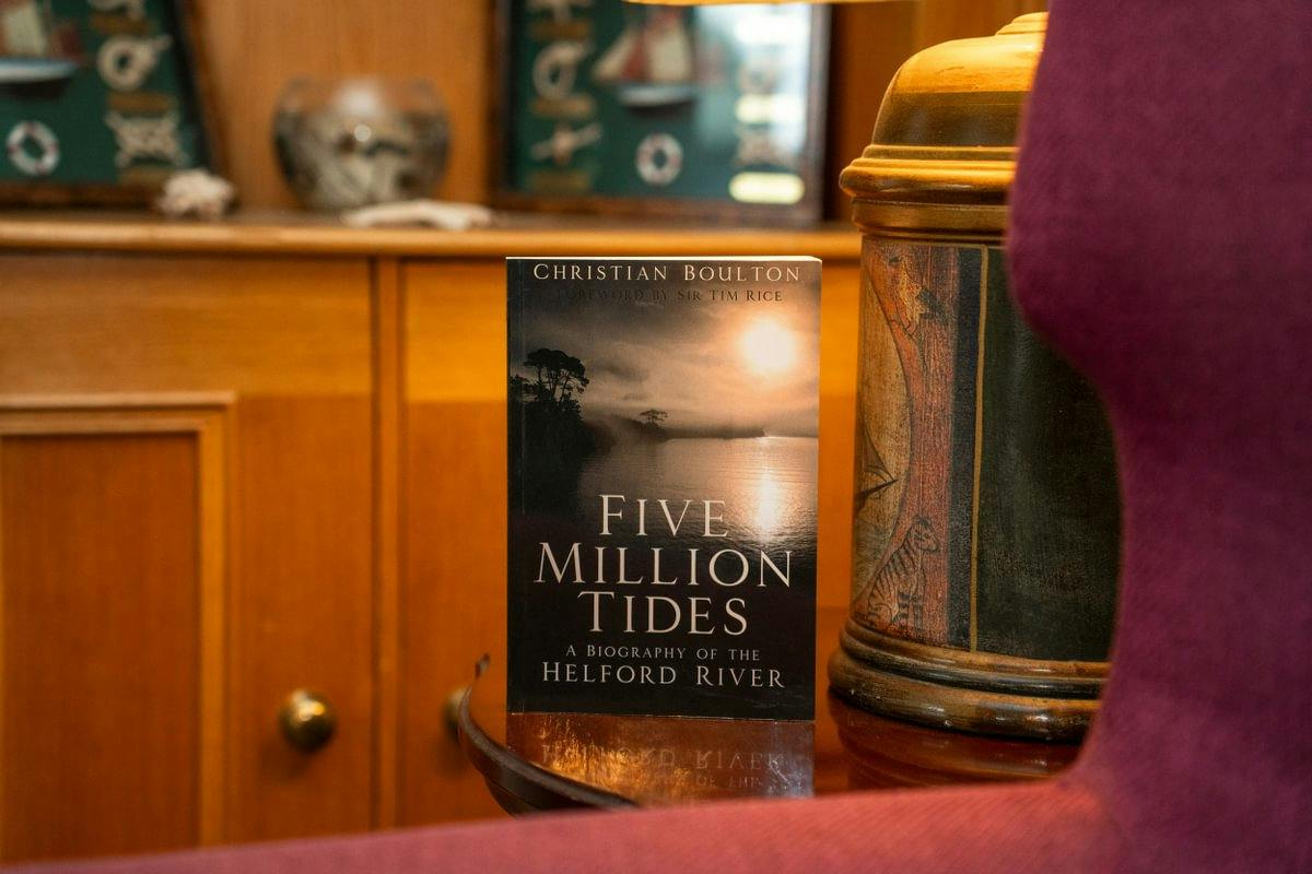 Book titled "Five Million Tides" on a wooden shelf, surrounded by decorative items.