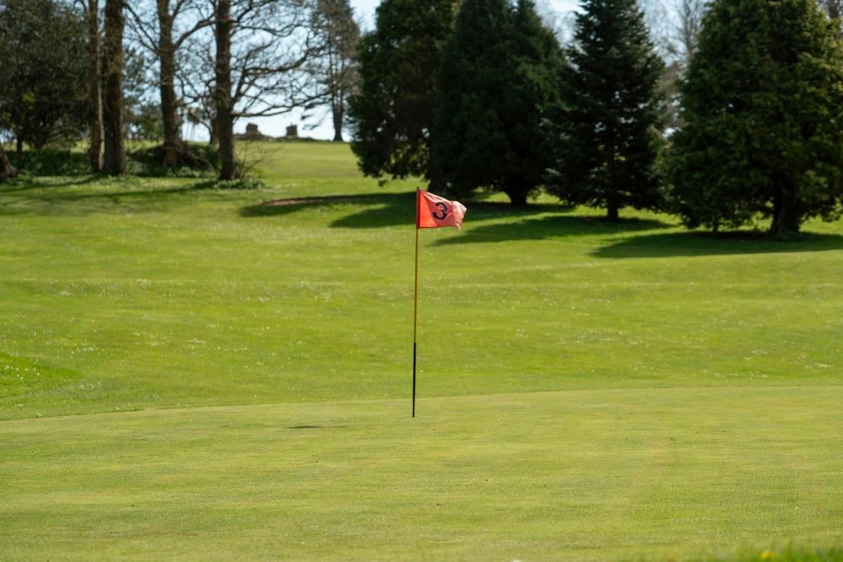 Red flag marked 3 on a golf green, with rolling fairway and tall trees in the background.