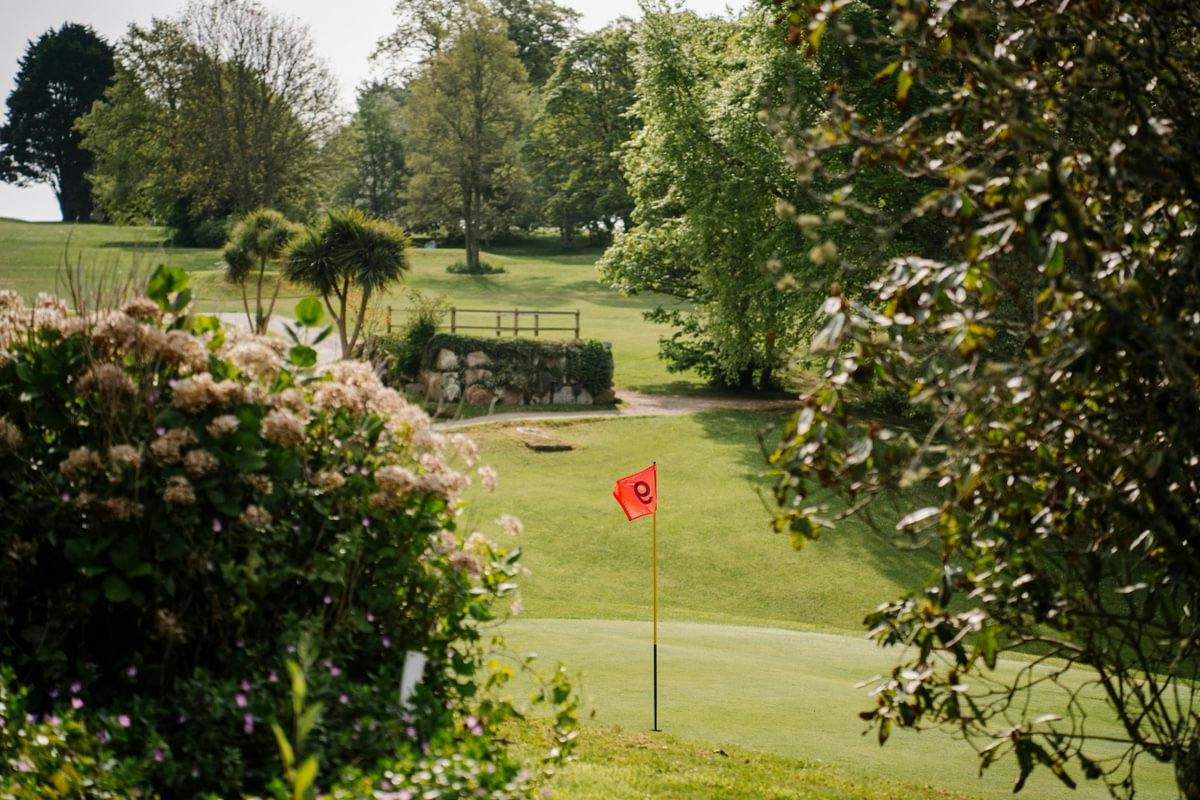 View through trees and flowering shrubs onto a golf green with a red flag, set in a sunlit park-like landscape.