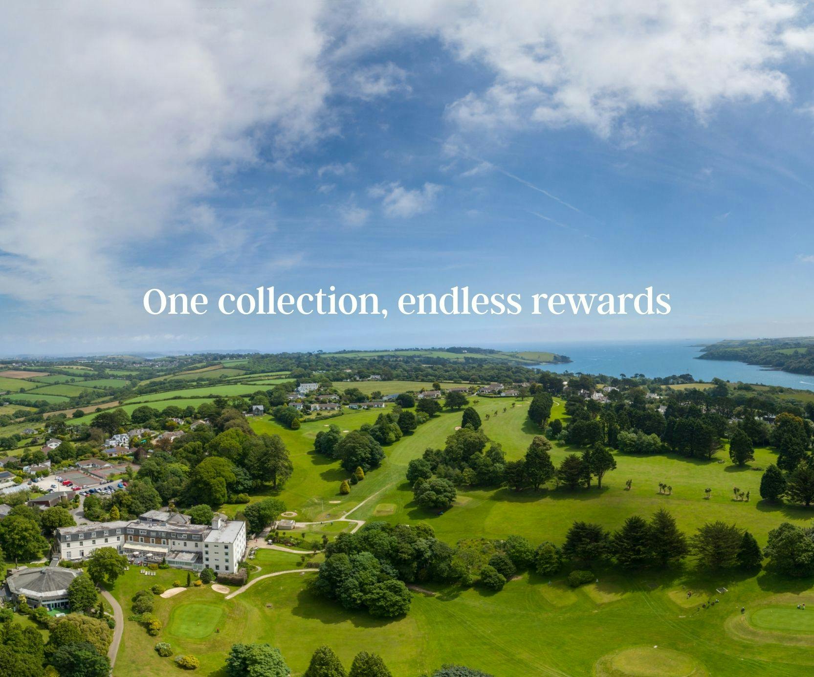 Aerial view of a coastal golf resort with green fairways, trees, and sea beyond, overlaid with the text “One collection, endless rewards.”